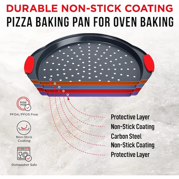 Bakkenmaster Pizza Tray, 2 Round Pans with Silicone Handles, Carbon Steel, Non-Stick, PFOA-Free, Bakken - BAKPIZA22