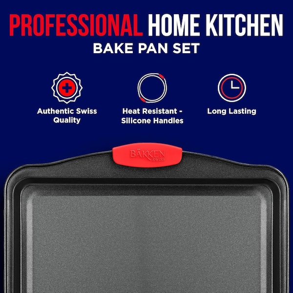 Bakkenmaster 2-Piece Nonstick Bakeware Set, Carbon Steel, Small and Medium Pans, PFOA-Free, Red Silicone Handles - BKB22MLG
