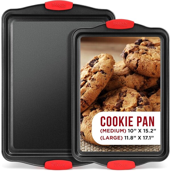 Bakkenmaster 2-Piece Nonstick Bakeware Set, Carbon Steel, Small and Medium Pans, PFOA-Free, Red Silicone Handles - BKB22MLG