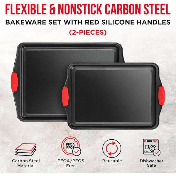 Bakkenmaster 2-Piece Nonstick Bakeware Set, Carbon Steel, Small and Medium Pans, PFOA-Free, Red Silicone Handles - BKB22MLG