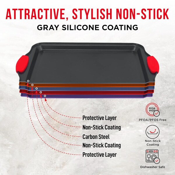 Bakken-Swiss 2-Piece Nonstick Bakeware Set, Carbon Steel Baking Sheets, PFOA-Free, w/ Red Silicone Handles - BKB11SMD