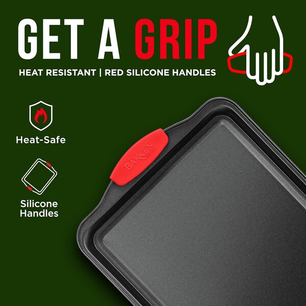 Bakken-Swiss 2-Piece Nonstick Bakeware Set, Carbon Steel Baking Sheets, PFOA-Free, w/ Red Silicone Handles - BKB11SMD