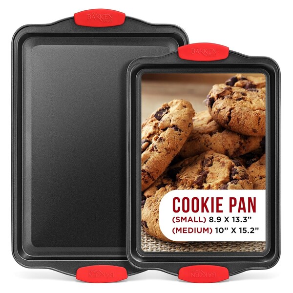 Bakken-Swiss 2-Piece Nonstick Bakeware Set, Carbon Steel Baking Sheets, PFOA-Free, w/ Red Silicone Handles - BKB11SMD