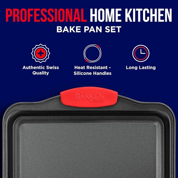 Bakken-Swiss 2-Piece Nonstick Bakeware Set, Carbon Steel Baking Sheets, PFOA-Free, w/ Red Silicone Handles - BKB11SMD