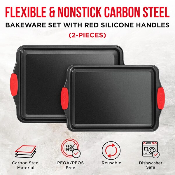 Bakken-Swiss 2-Piece Nonstick Bakeware Set, Carbon Steel Baking Sheets, PFOA-Free, w/ Red Silicone Handles - BKB11SMD