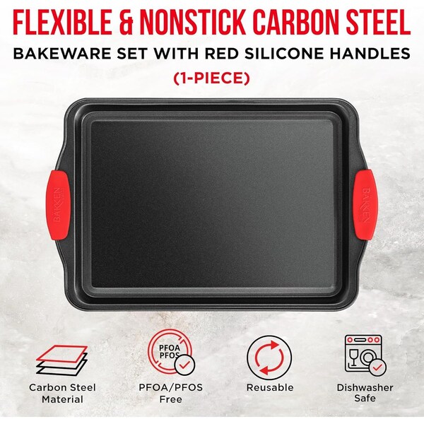 Bakkenmaster Small Nonstick Cookie Sheet, Carbon Steel w/ Gray Coating, Red Silicone Handles, Oven Safe - BKSINSML