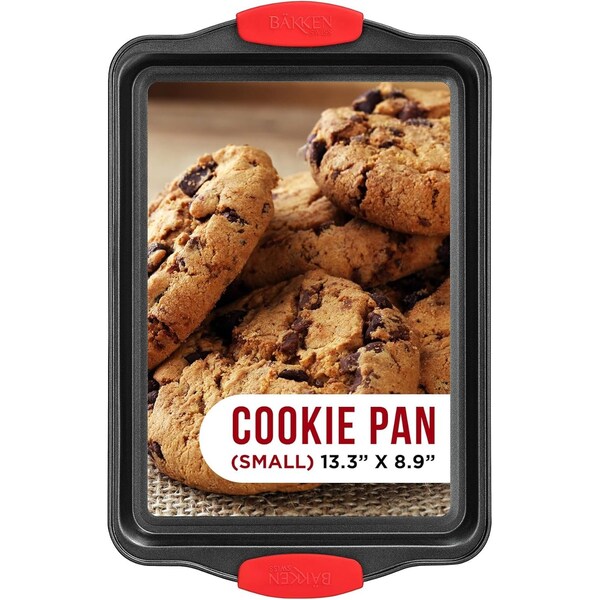Bakkenmaster Small Nonstick Cookie Sheet, Carbon Steel w/ Gray Coating, Red Silicone Handles, Oven Safe - BKSINSML