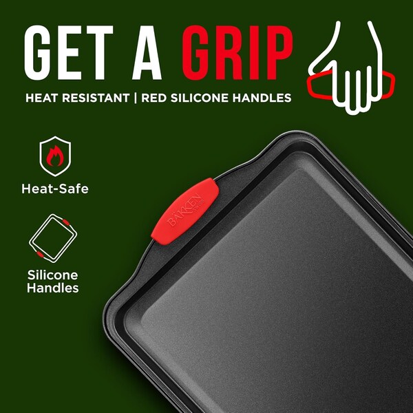 Bakkenmaster Small Nonstick Cookie Sheet, Carbon Steel w/ Gray Coating, Red Silicone Handles, Oven Safe - BKSINSML