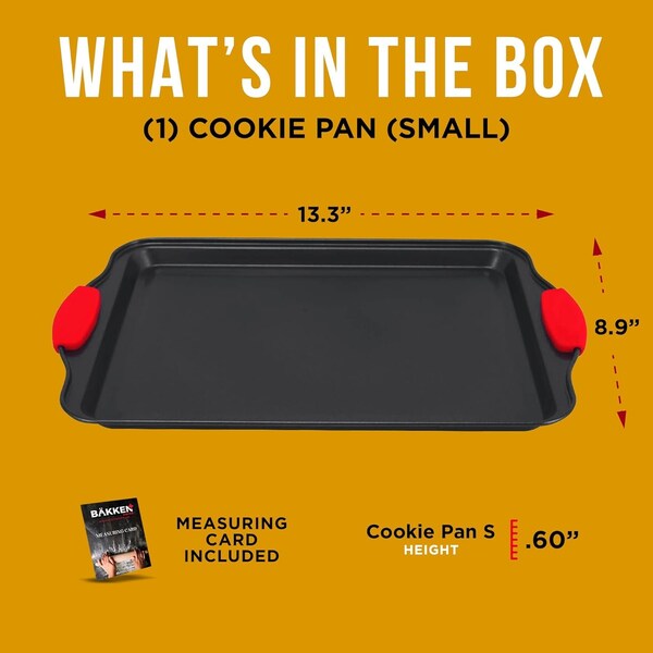 Bakkenmaster Small Nonstick Cookie Sheet, Carbon Steel w/ Gray Coating, Red Silicone Handles, Oven Safe - BKSINSML