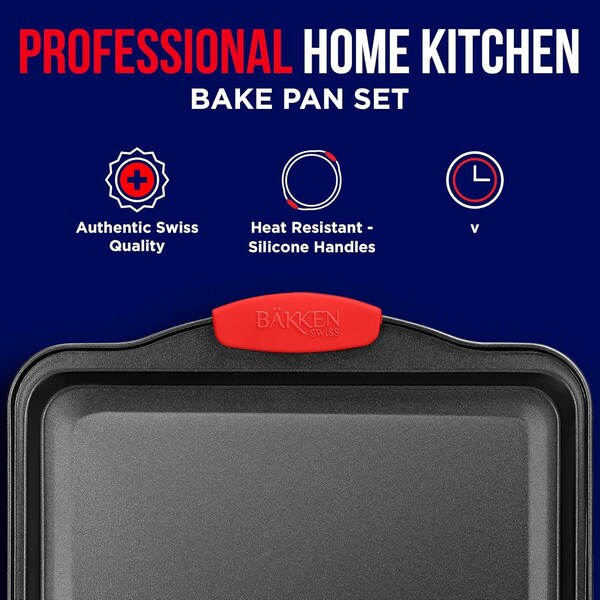 Bakkenmaster Small Nonstick Cookie Sheet, Carbon Steel w/ Gray Coating, Red Silicone Handles, Oven Safe - BKSINSML