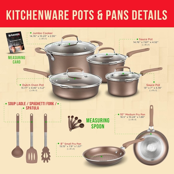 Bakken-Swiss 14-Piece Pots and Pans Set, Non-Stick, with Lids, Skillet Pans, Gas, Electric, Induction, Golden - BKCWG14L