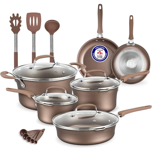 Bakken-Swiss 14-Piece Pots and Pans Set, Non-Stick, with Lids, Skillet Pans, Gas, Electric, Induction, Golden - BKCWG14L
