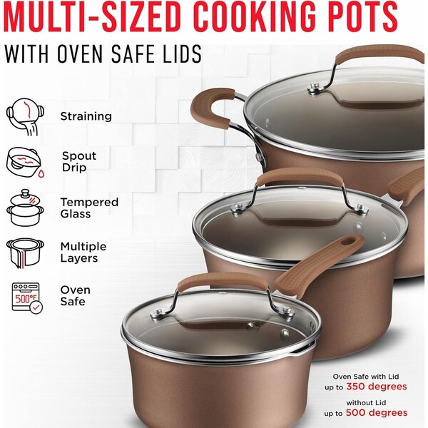 Bakken-Swiss 14-Piece Pots and Pans Set, Non-Stick, with Lids, Skillet Pans, Gas, Electric, Induction, Golden - BKCWG14L