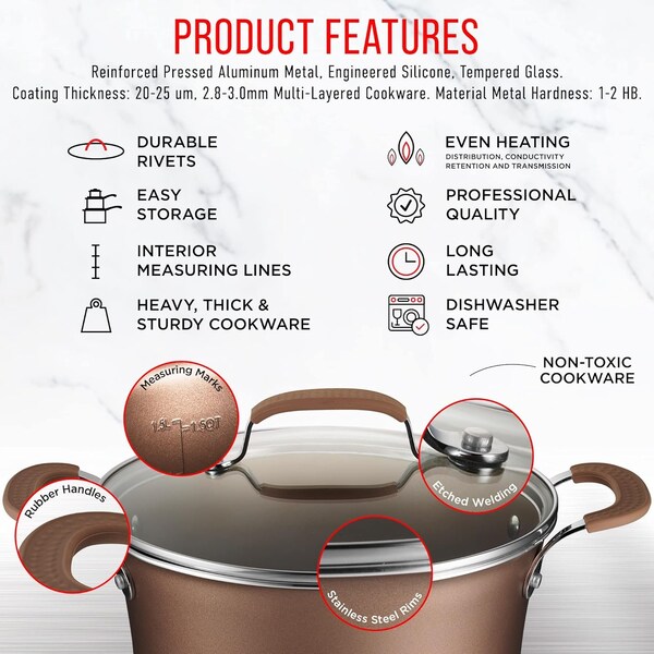 Bakken-Swiss 14-Piece Pots and Pans Set, Non-Stick, with Lids, Skillet Pans, Gas, Electric, Induction, Golden - BKCWG14L