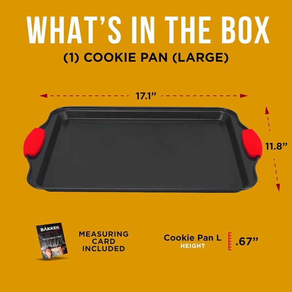 Bakkenmaster Large Nonstick Cookie Sheet, Carbon Steel w/ Gray Coating, Red Silicone Handles, Oven Safe Bakeware - BKSINLG