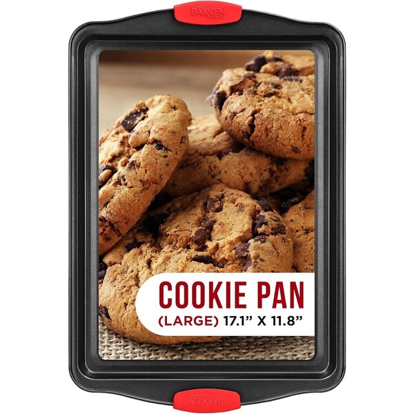 Bakkenmaster Large Nonstick Cookie Sheet, Carbon Steel w/ Gray Coating, Red Silicone Handles, Oven Safe Bakeware - BKSINLG