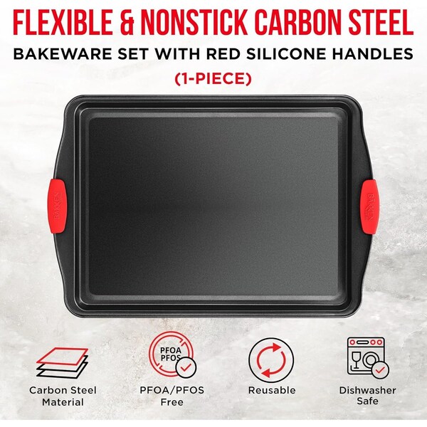 Bakkenmaster Large Nonstick Cookie Sheet, Carbon Steel w/ Gray Coating, Red Silicone Handles, Oven Safe Bakeware - BKSINLG