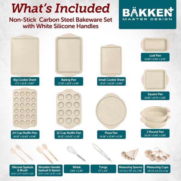 Bakken-Swiss BAKKENMASTER 18-Piece Nonstick Carbon Steel Bakeware Set, w/ White Silicone Handles and Accessories - BKBSMARWHT18