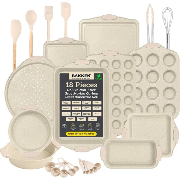 Bakken-Swiss BAKKENMASTER 18-Piece Nonstick Carbon Steel Bakeware Set, w/ White Silicone Handles and Accessories - BKBSMARWHT18