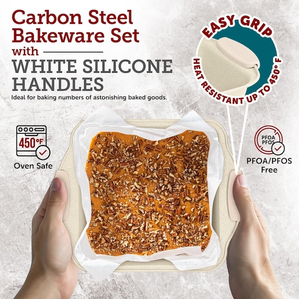 Bakken-Swiss BAKKENMASTER 18-Piece Nonstick Carbon Steel Bakeware Set, w/ White Silicone Handles and Accessories - BKBSMARWHT18