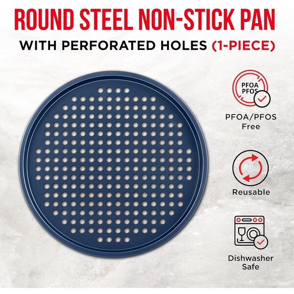 Bakken- Swiss BAKKEN Pizza Pan, Round Perforated, Nonstick Marble Coating, Dishwasher Safe, Blue - BAKPIZRB1