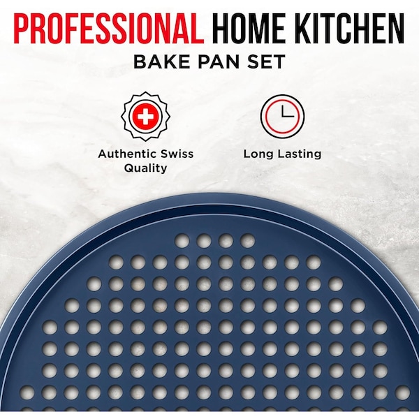 Bakken- Swiss BAKKEN Pizza Pan, Round Perforated, Nonstick Marble Coating, Dishwasher Safe, Blue - BAKPIZRB1