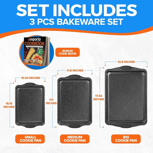 Emporio Kitchen Baking Pan Set, Oven Safe Tray, Up To 450 Deg F, Gray, 3PK - EMPKSTON30