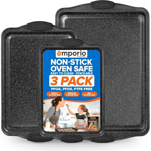 Emporio Kitchen Baking Pan Set, Oven Safe Tray, Up To 450 Deg F, Gray, 3PK - EMPKSTON30