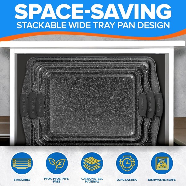 Emporio Kitchen Baking Pan Set, Oven Safe Tray, Up To 450 Deg F, Gray, 3PK - EMPKSTON30