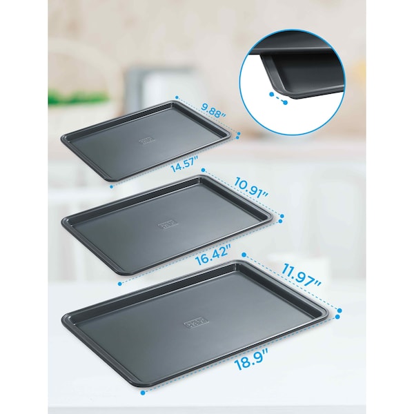 Black & Decker 3-Piece Carbon Steel Baking Sheet Set, Includes 13'', 15'', 17'' Cookie Sheets for Baking,  - BDK402B