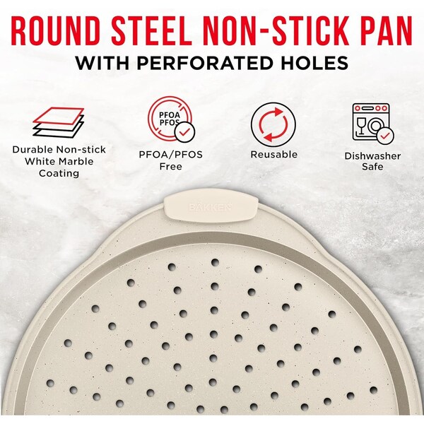 Bakken- Swiss BAKKEN Pizza Pan, Round Perforated, Nonstick Marble Coating, Dishwasher Safe, White, 2PK - BAKPIZWHT26