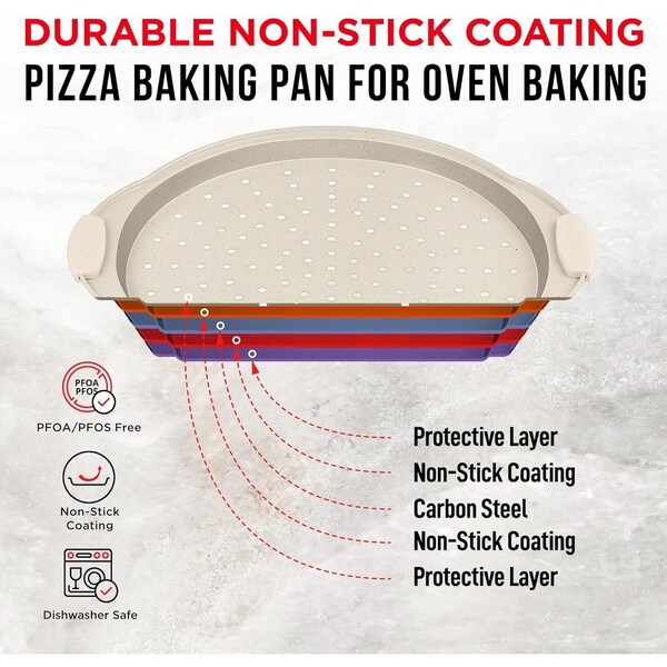 Bakken- Swiss BAKKEN Pizza Pan, Round Perforated, Nonstick Marble Coating, Dishwasher Safe, White, 2PK - BAKPIZWHT26