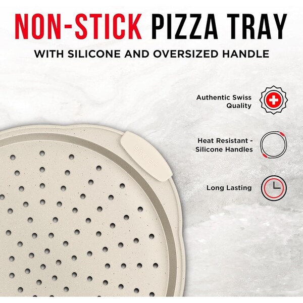 Bakken- Swiss BAKKEN Pizza Pan, Round Perforated, Nonstick Marble Coating, Dishwasher Safe, White, 2PK - BAKPIZWHT26