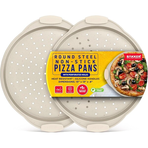 Bakken- Swiss BAKKEN Pizza Pan, Round Perforated, Nonstick Marble Coating, Dishwasher Safe, White, 2PK - BAKPIZWHT26