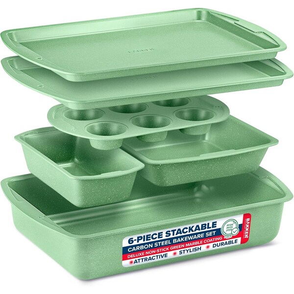 Bakken- Swiss BAKKEN 6-Piece Nonstick Baking Pan Set, Carbon Steel, PFOA-Free, Oven Safe, 450 DegF, Green Marble - BAKDIEGR