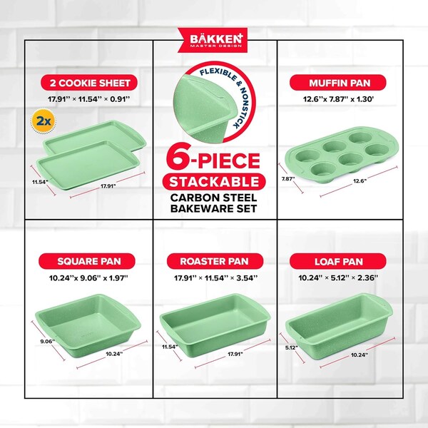 Bakken- Swiss BAKKEN 6-Piece Nonstick Baking Pan Set, Carbon Steel, PFOA-Free, Oven Safe, 450 DegF, Green Marble - BAKDIEGR