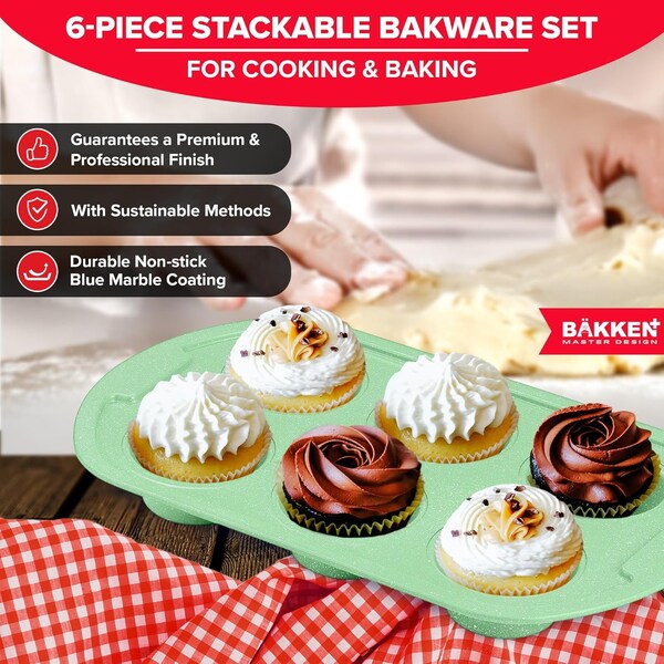 Bakken- Swiss BAKKEN 6-Piece Nonstick Baking Pan Set, Carbon Steel, PFOA-Free, Oven Safe, 450 DegF, Green Marble - BAKDIEGR