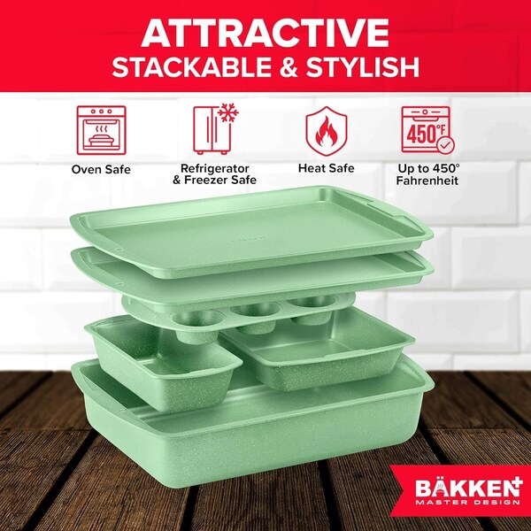 Bakken- Swiss BAKKEN 6-Piece Nonstick Baking Pan Set, Carbon Steel, PFOA-Free, Oven Safe, 450 DegF, Green Marble - BAKDIEGR