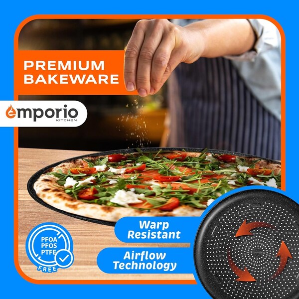 Emporio Kitchen Pizza Baking Pan, 15.75-Inch Round Perforated Carbon Steel Tray with Non-Stick Gray Marble Coating - EMPPIZ0198