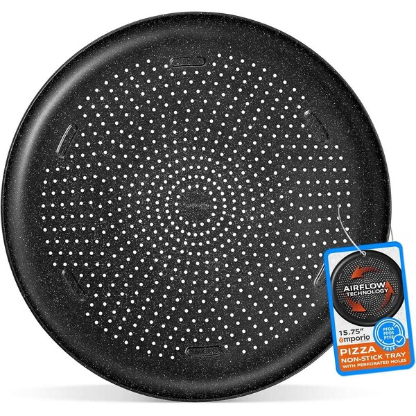 Emporio Kitchen Pizza Baking Pan, 15.75-Inch Round Perforated Carbon Steel Tray with Non-Stick Gray Marble Coating - EMPPIZ0198