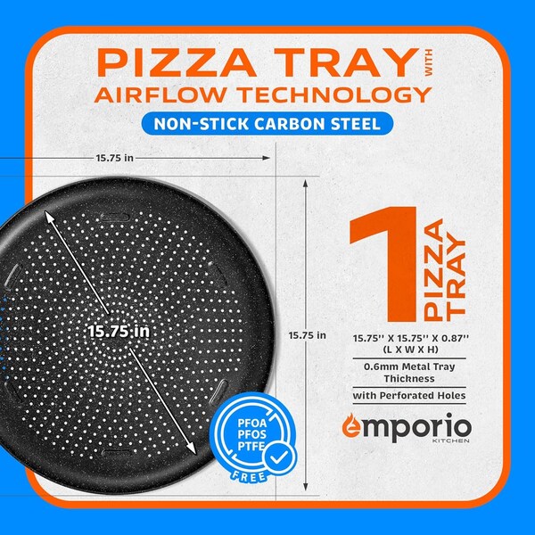 Emporio Kitchen Pizza Baking Pan, 15.75-Inch Round Perforated Carbon Steel Tray with Non-Stick Gray Marble Coating - EMPPIZ0198