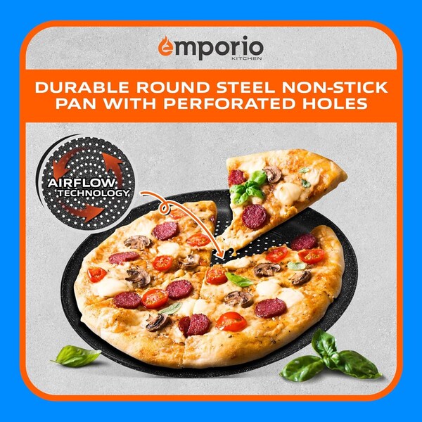 Emporio Kitchen Pizza Baking Pan, 15.75-Inch Round Perforated Carbon Steel Tray with Non-Stick Gray Marble Coating - EMPPIZ0198