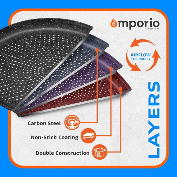 Emporio Kitchen Pizza Baking Pan, 15.75-Inch Round Perforated Carbon Steel Tray with Non-Stick Gray Marble Coating - EMPPIZ0198