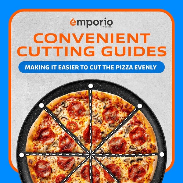 Emporio Kitchen Pizza Baking Pan, 15.75-Inch Round Perforated Carbon Steel Tray with Non-Stick Gray Marble Coating - EMPPIZ0198