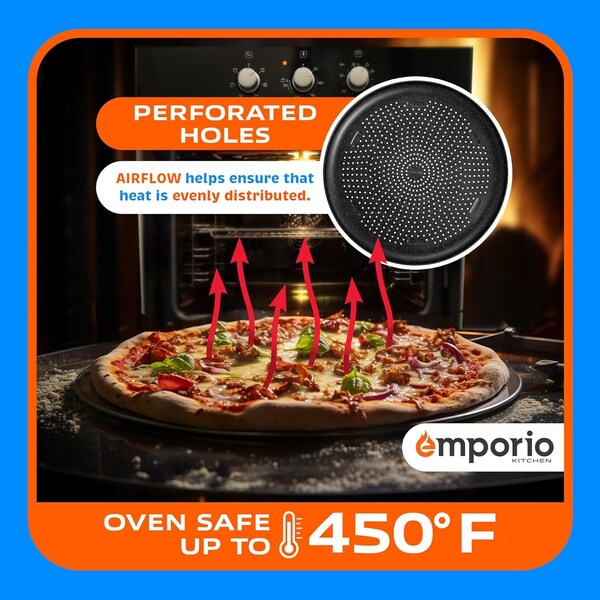 Emporio Kitchen Pizza Baking Pan, 15.75-Inch Round Perforated Carbon Steel Tray with Non-Stick Gray Marble Coating - EMPPIZ0198