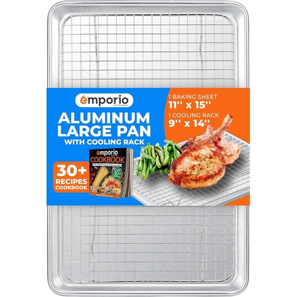 Emporio Kitchen Baking Pan Set, 10.5in. x 15in. Aluminum Baking Pan with Stainless Steel Cooling Rack Set - EMPKSST11