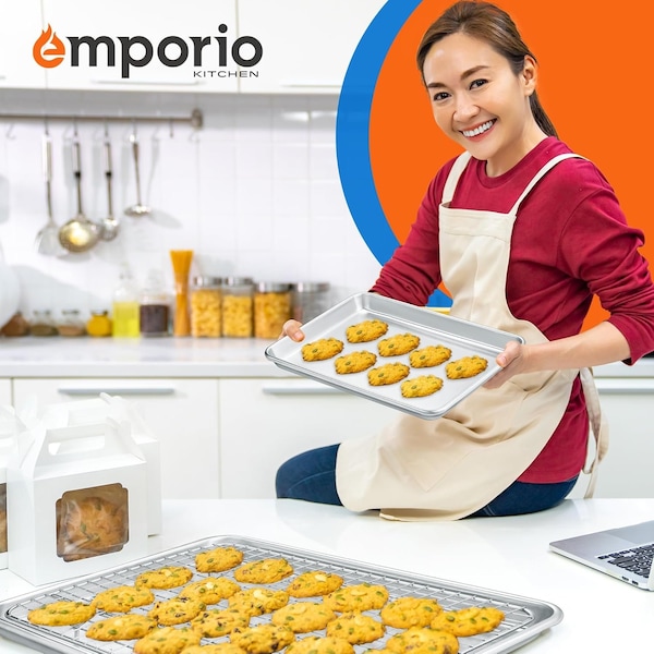Emporio Kitchen Baking Pan Set, 10.5in. x 15in. Aluminum Baking Pan with Stainless Steel Cooling Rack Set - EMPKSST11