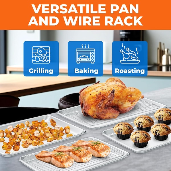 Emporio Kitchen Baking Pan Set, 10.5in. x 15in. Aluminum Baking Pan with Stainless Steel Cooling Rack Set - EMPKSST11