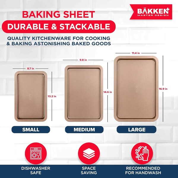 Bakken- Swiss BAKKEN 3-Piece Nonstick Cookie Pan Set, Stackable, Carbon Steel, Oven Safe, 450 DegF, Brown - BAKBK3PCBRW