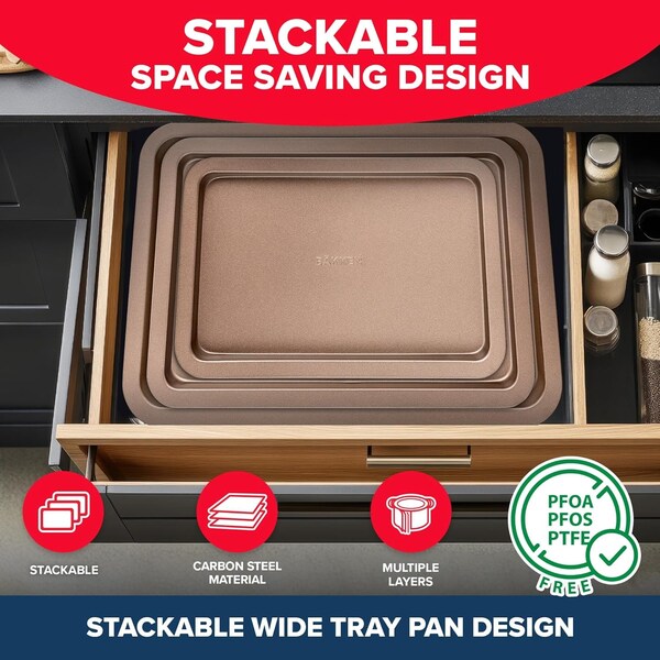 Bakken- Swiss BAKKEN 3-Piece Nonstick Cookie Pan Set, Stackable, Carbon Steel, Oven Safe, 450 DegF, Brown - BAKBK3PCBRW